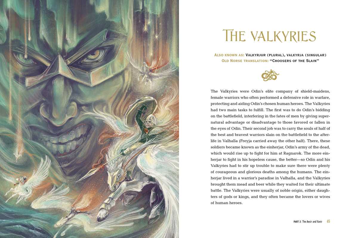An illustrated page from Norse Mythology: The Gods, Goddesses, and Heroes Handbook by Kelsey A. Fuller-Shafer features Valkyrie artwork, origin details, and a glowing warrior face in the background.