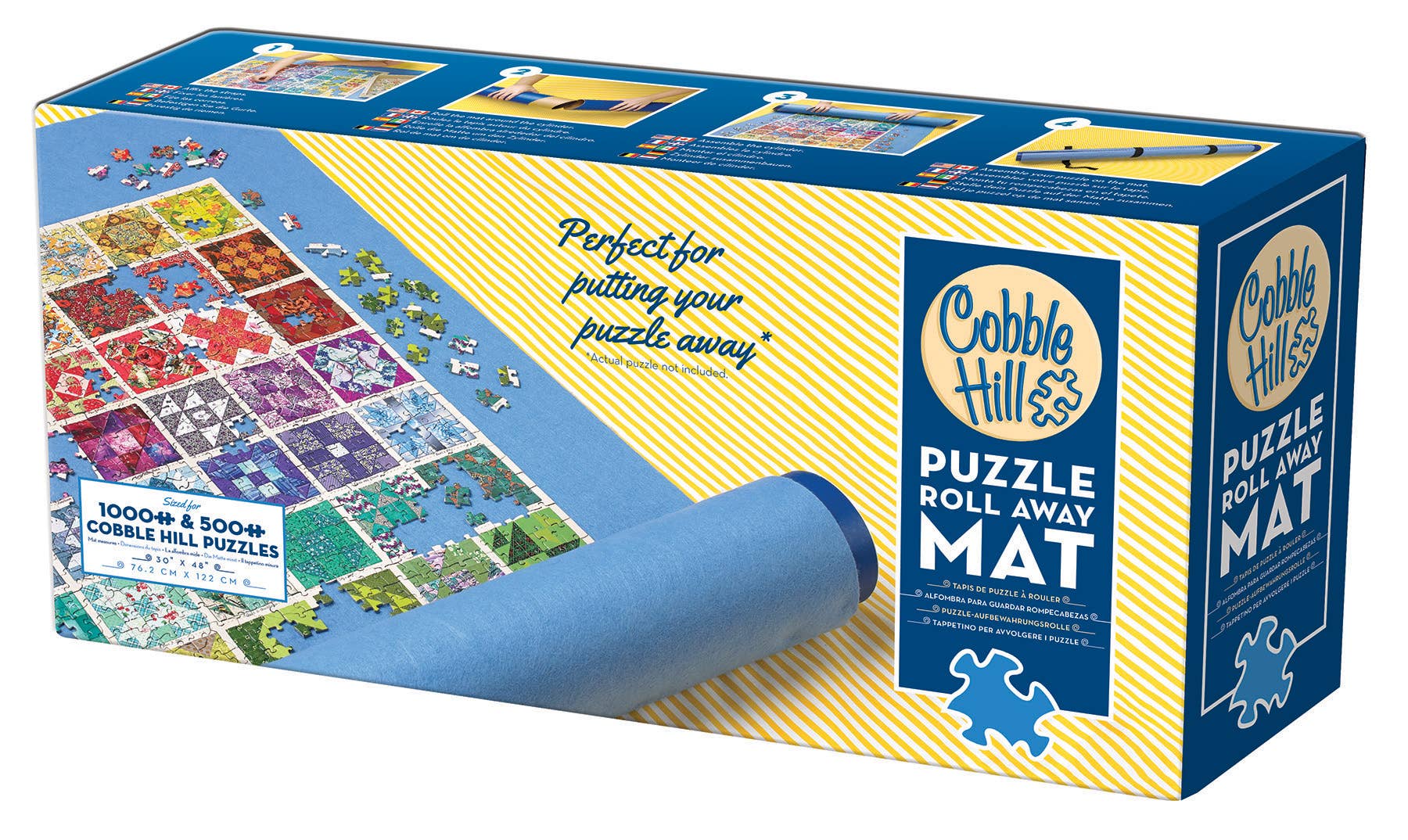 Introducing the Mat: Puzzle Roll Away Mat, ideal for storing your puzzles. This high-quality felt mat illustrates an image of a partially completed puzzle and comes with comprehensive packaging details, making it perfect for puzzle enthusiasts who value organization and convenience.