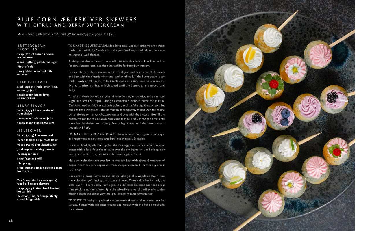 Round, decorated pastries like æbleskiver are arranged on a dark plate, topped with colorful frosting and fruit. On the left, recipe text from Book: Aebleskiver by Pim Pauline Overgaard invites you to try Danish pancakes with a modern twist.