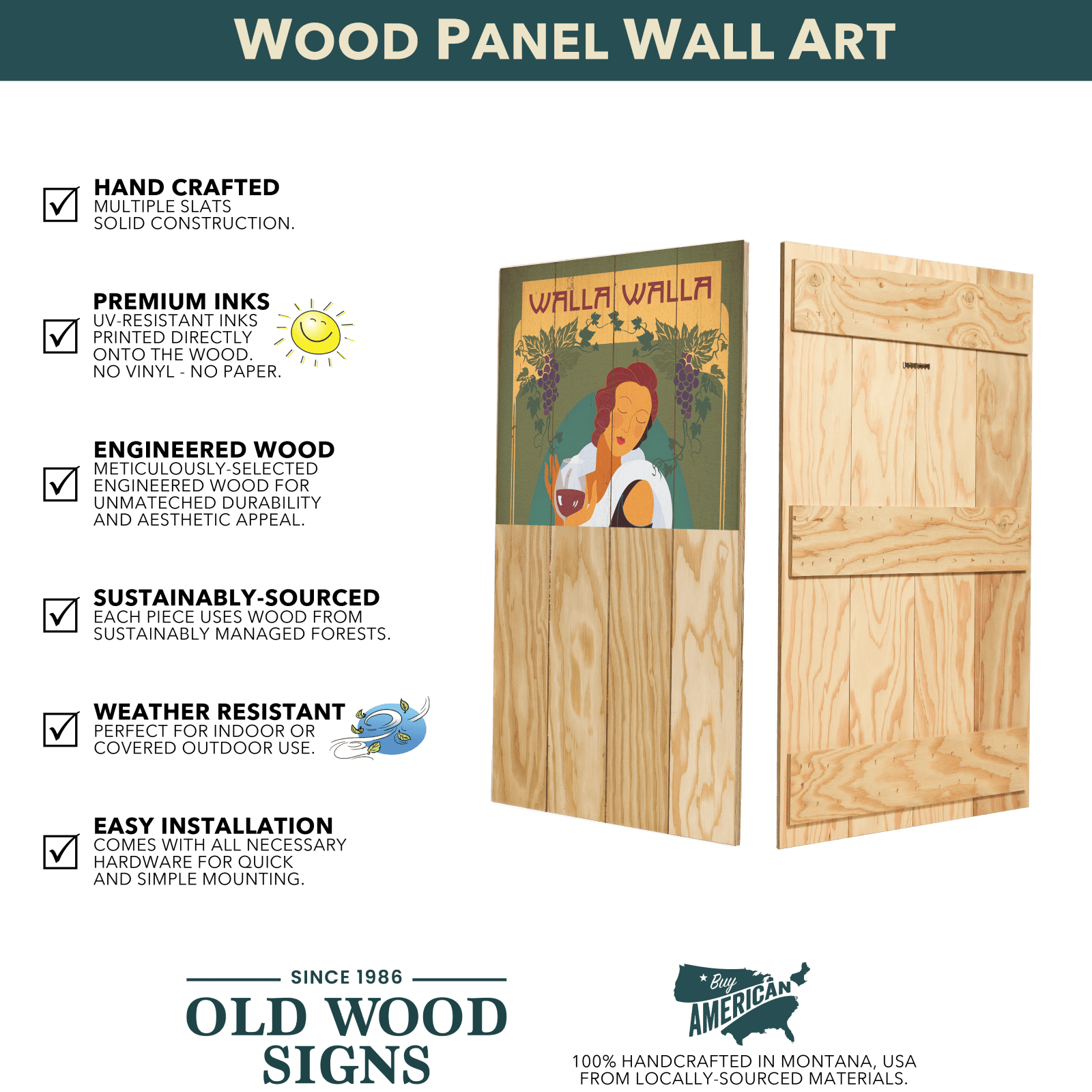 The "Creatures Great and Small" Wood Panel Wall Art (17" x 23") features a vibrant Walla Walla motif with a woman, handcrafted for durability, water resistance, easy installation, and pairs well with woodland animal wall decor.