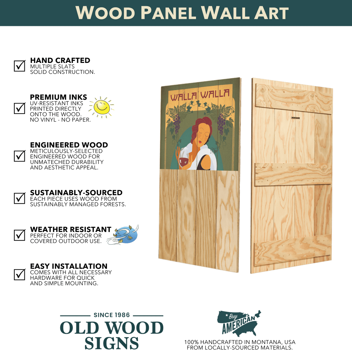 Diagram featuring Wall Decor: Rush Hour - Wood Art 36" x 14" with features listed: handcrafted, premium UV inks, engineered wood, sustainably sourced, water resistant, easy installation—perfect for showcasing trout artwork.