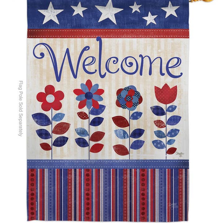 The Welcome Patriotic Americana Star and Stripes Floral Flag features “Welcome” text, red, white, and blue flowers with stars and stripes accents. Crafted from weather-resistant fabric—perfect for showing American pride in your garden.