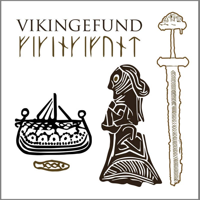 An illustration features a Viking ship with a warrior, sword, intricate runes, and Vikingefund highlighted above, embodying Danish history. Part of the Card Pack: Viking Finds Square Card Folder by Koustrup & Co - Denmark, it includes 8 unique cards with envelopes.