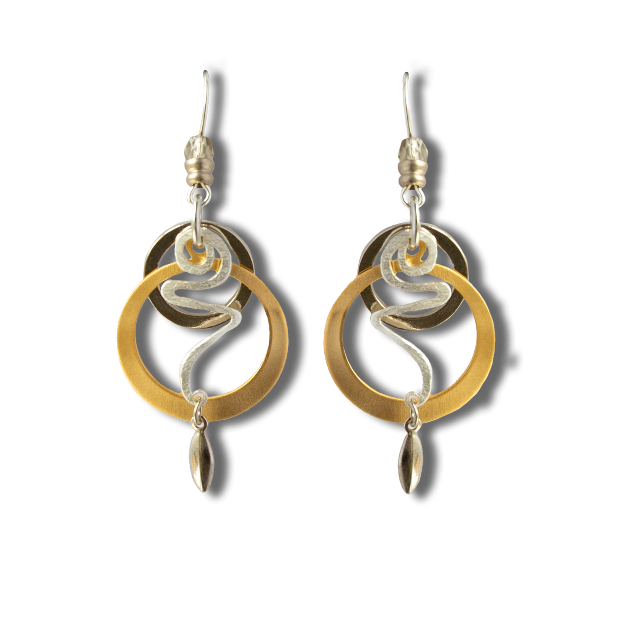 Pair of Hematite Two Tone Fish-hook Earrings with gold and silver circular and spiral elements, plus small bead and teardrop accents, displayed on a white background.