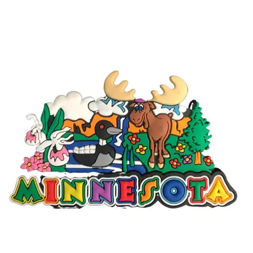 The Magnet: Minnesota with Moose & Loon showcases a vibrant illustration of a moose and loon among flowers and trees above "MINNESOTA" in multicolored letters—capturing Northwoods charm in the perfect Minnesota magnet.