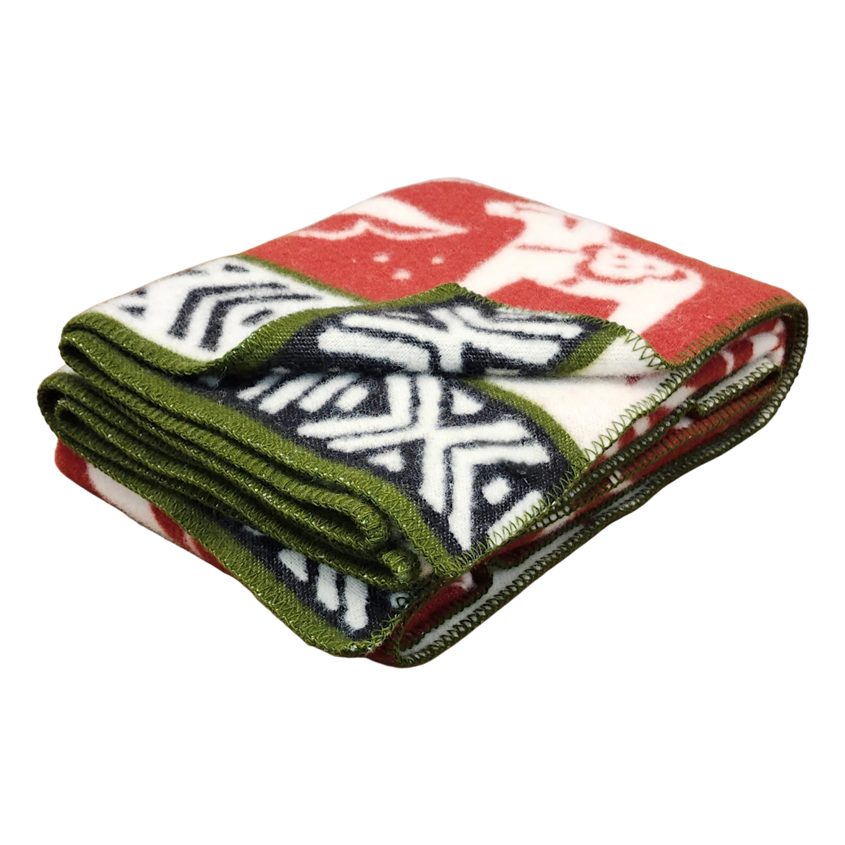 Folded fleece blanket in red, green, white, and black with geometric shapes and animal motifs, including a prominent white bear.