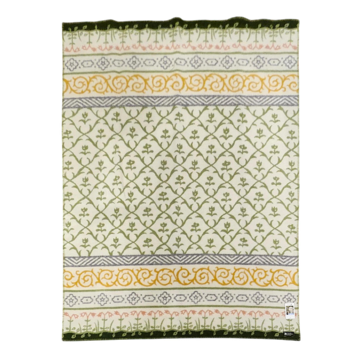 Rectangular Norwegian lambswool blanket featuring green, yellow, and pink floral and geometric patterns on a white background with a dark green border.