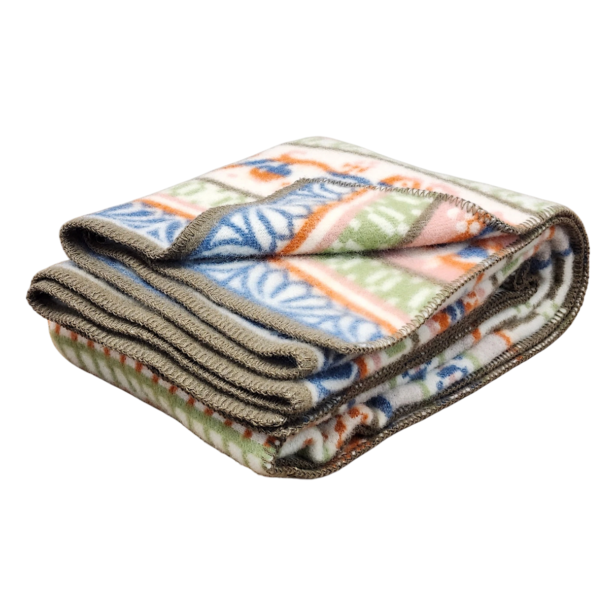 Folded lambswool blanket featuring a geometric and leaf pattern in green, orange, blue, and beige with gray trim along the edges.