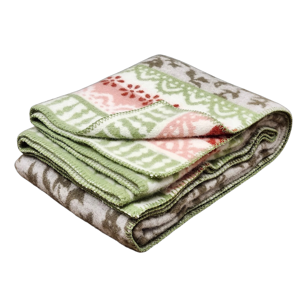 Folded lambswool blanket featuring green, pink, and gray reindeer and snowflake patterns on a white background.
