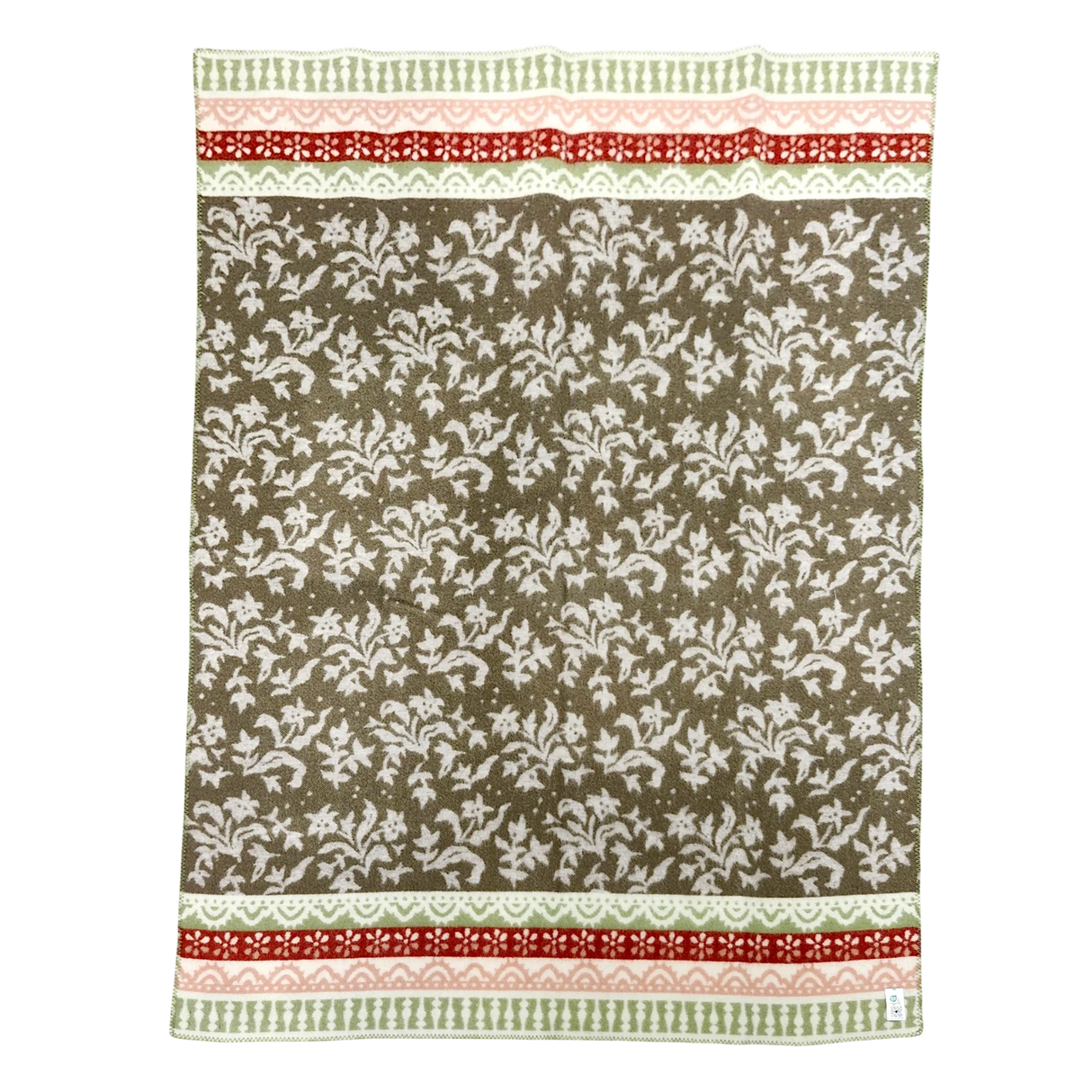 Rectangular lambswool blanket with a brown floral pattern and red and green decorative stripes along the top and bottom edges.