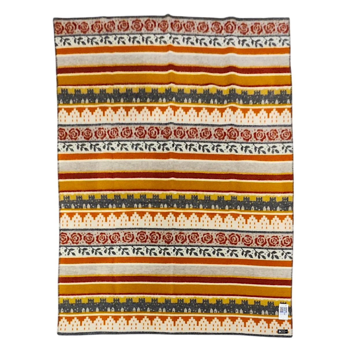Blanket with horizontal stripes in red, gold, gray, and ivory, featuring visible Norwegian-inspired roses, leaves, and geometric patterns.