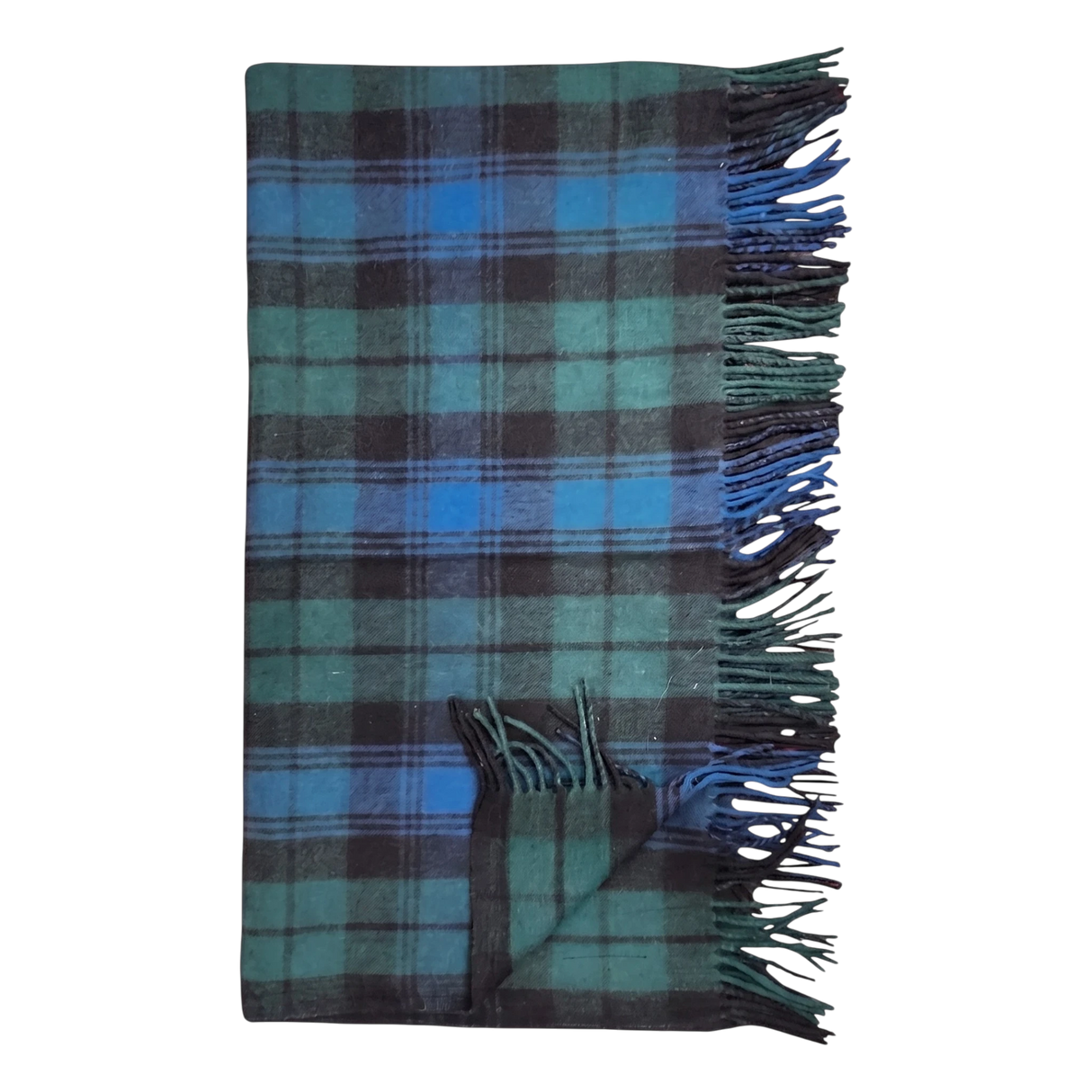 Folded Black Watch tartan blanket in blue and green plaid with fringed edges, displayed flat on a plain white background.