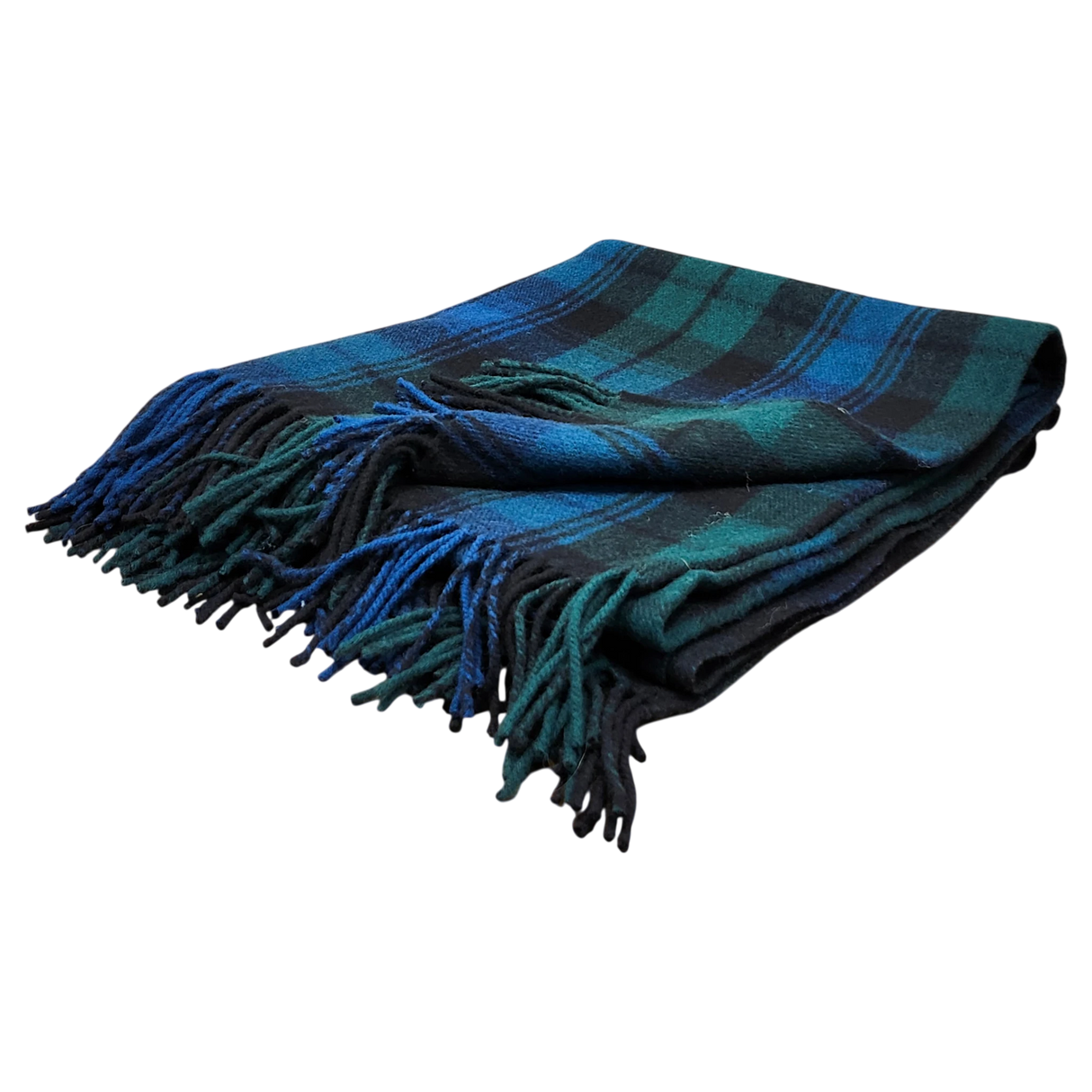 Folded Black Watch tartan blanket featuring blue, green, and black stripes with fringe on the edges, shown on a white background.