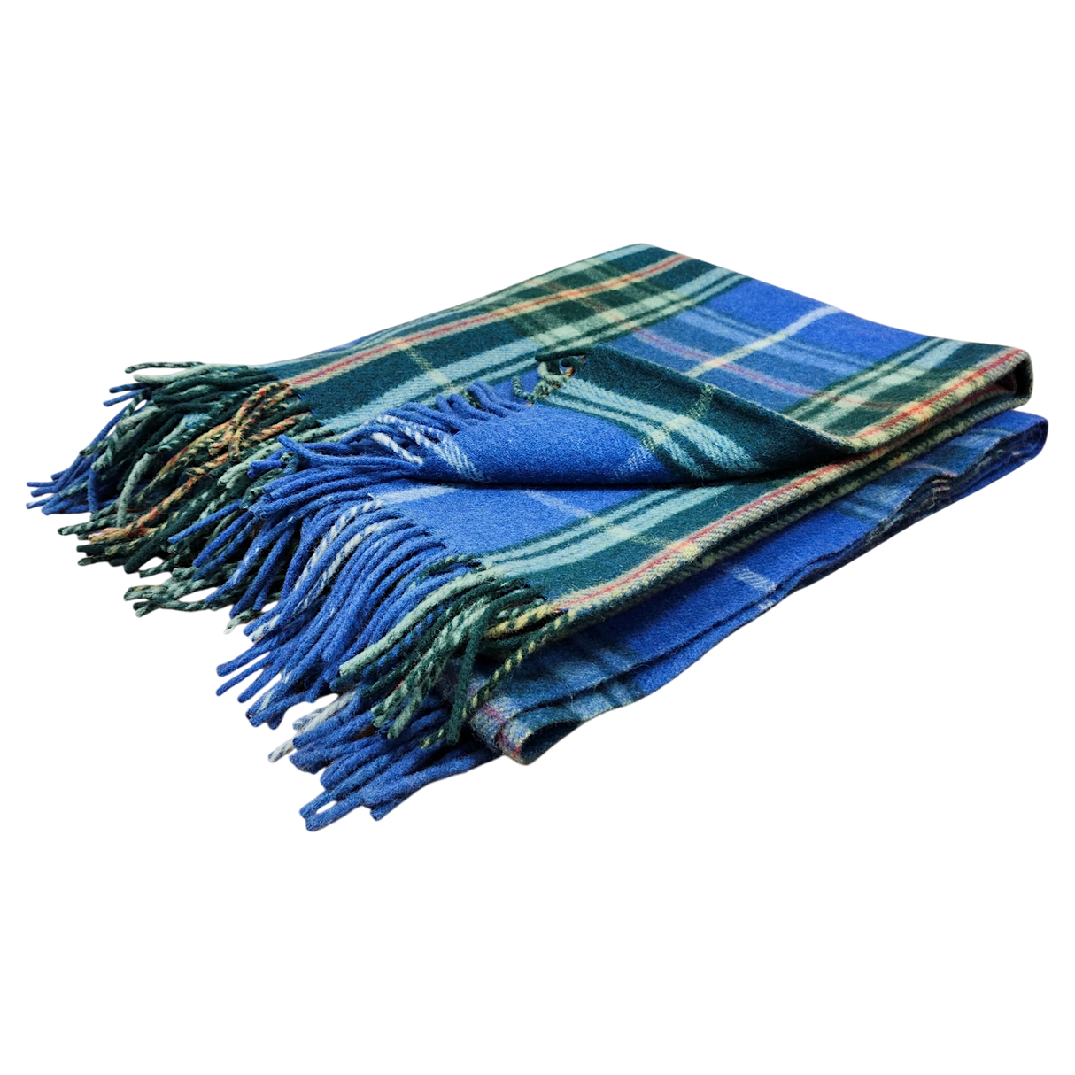 Folded blue and green Scottish tartan blanket with fringed edges on a white background.