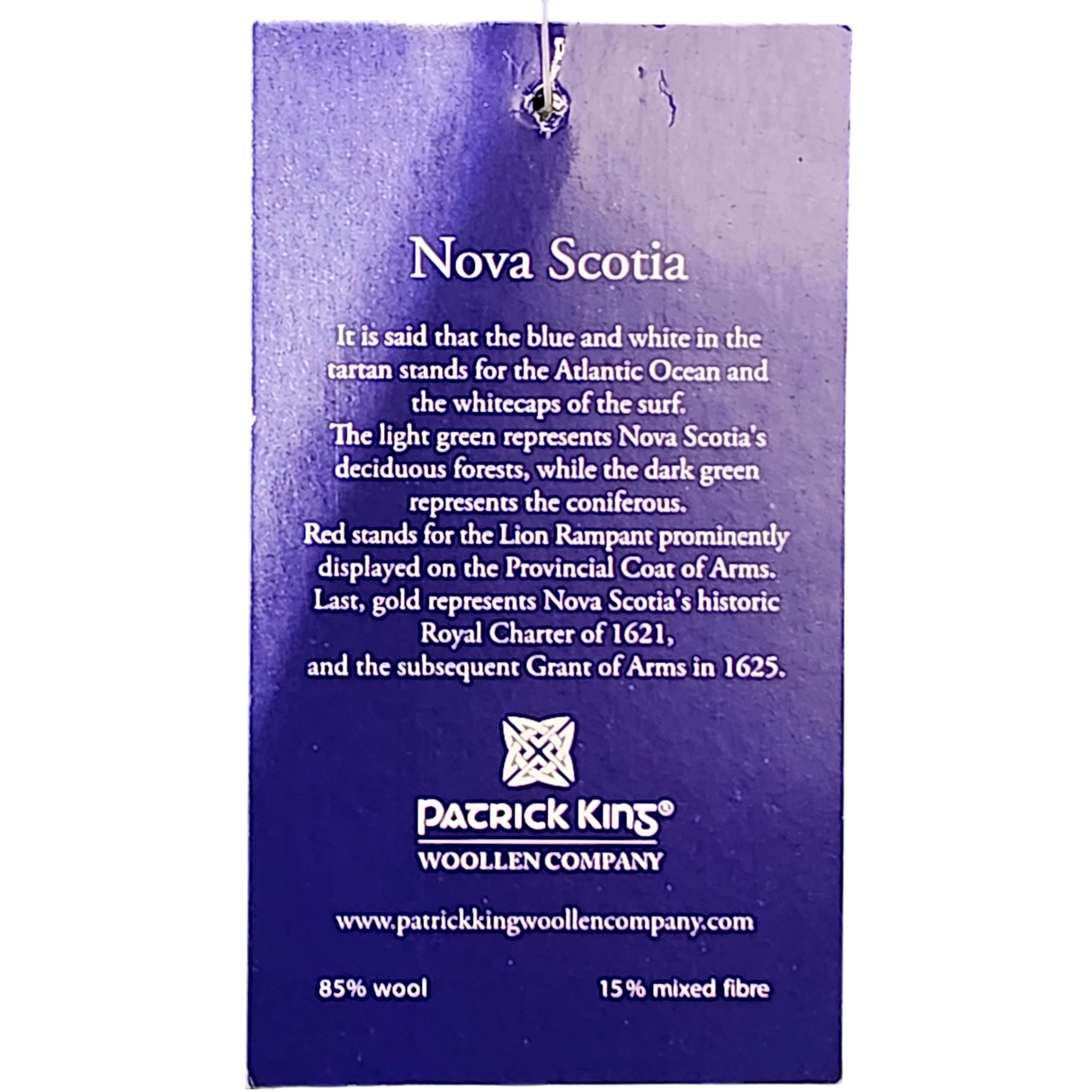 Blue Patrick King tag showing Nova Scotia tartan color meanings, company details, and fiber content: 85% wool, 15% mixed fibre.