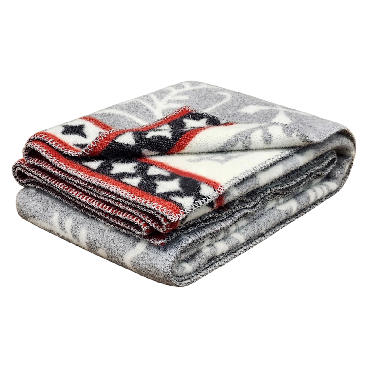 Folded gray Swedish wool blanket featuring a white leaf pattern and a red, black, and white star design along one edge.