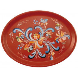 The Tray: Nordic Rose Oval by Anna Linderholm showcases intricate blue, yellow, and white floral designs on a vivid red backdrop. Inspired by Swedish Kurbits art, its a vibrant addition to any table setting.