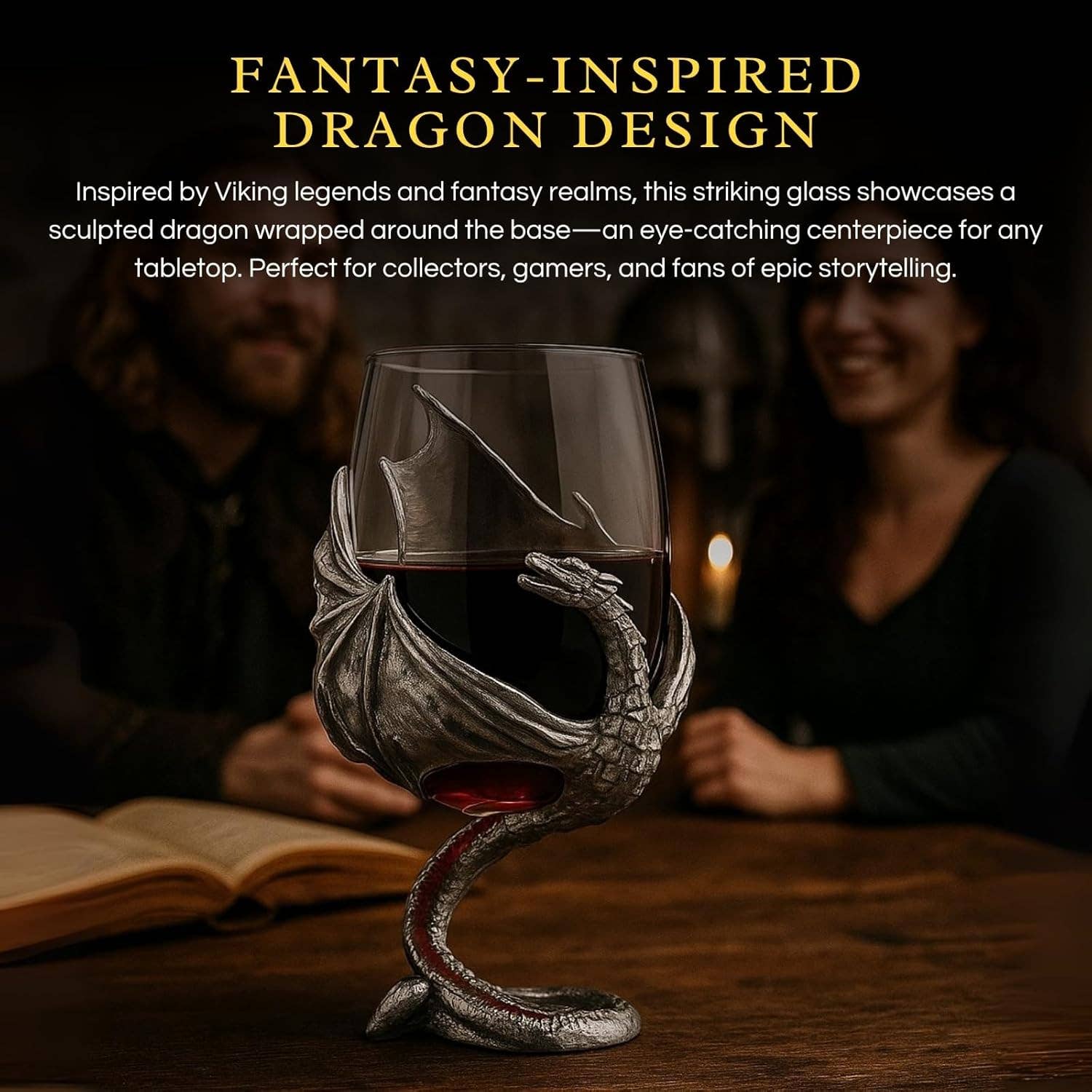 The Goblet: Medieval Dragon Viking Goblet Mug, 12oz features a sculpted dragon wrapped around the stem, sitting on a table with an open book and two people in the background—an ideal piece of fantasy drinkware.
