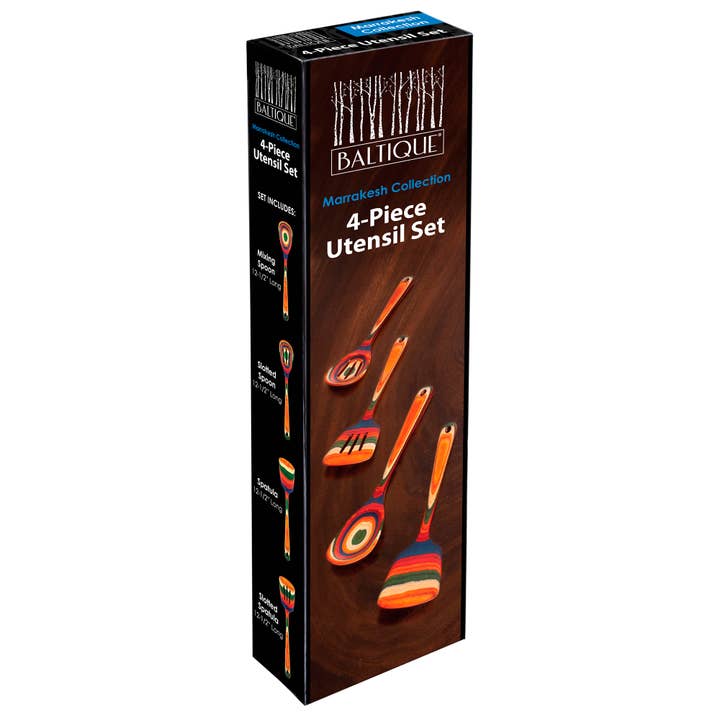 A box of Marrakesh 4 Pc Wooden Utensil Set from the Marrakesh Collection, made of colorful birch utensils.