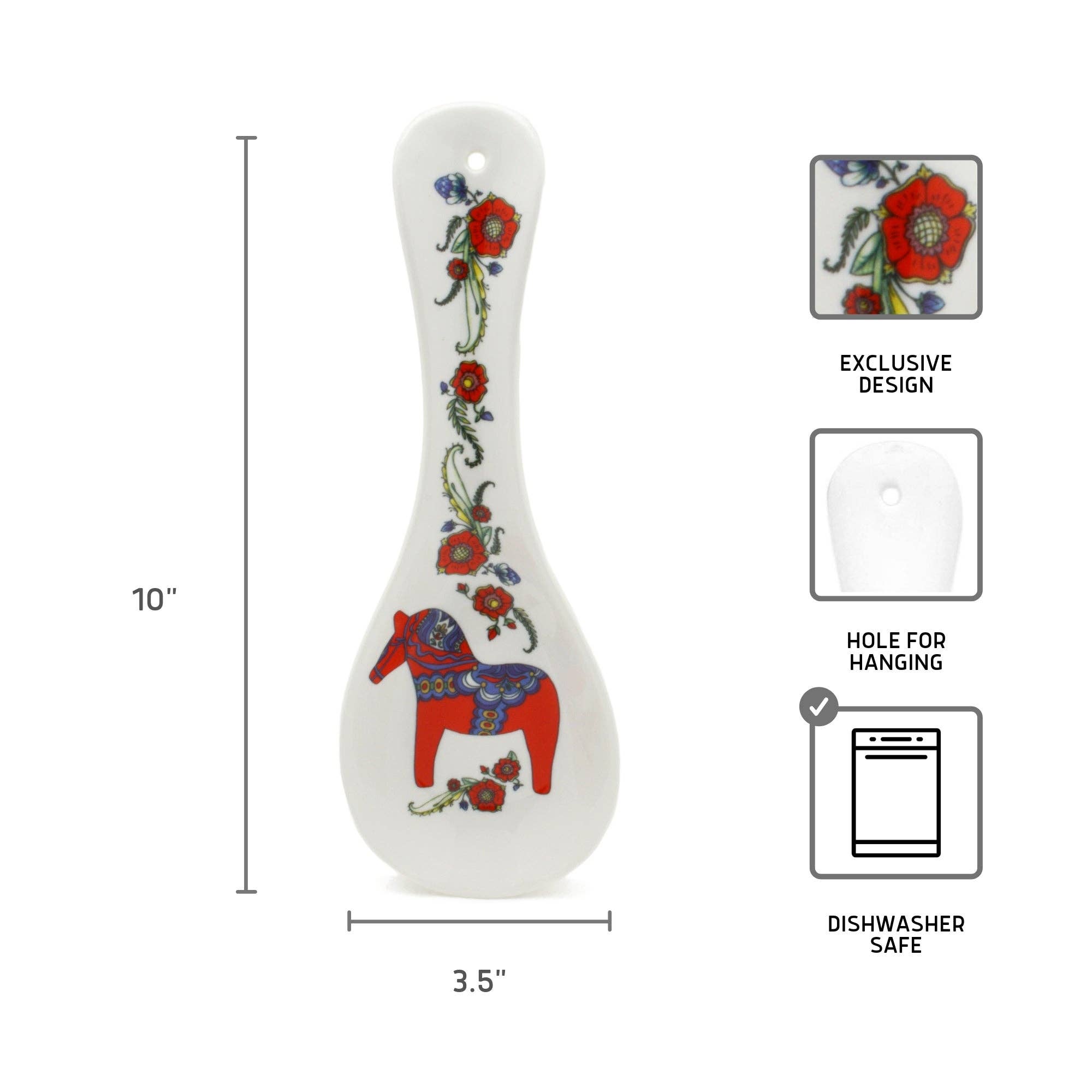 The Spoon Rest: Swedish Red Dalarna Horse features a vibrant red Dala horse and kurbits flowers on white ceramic, measures 10 x 3.5, includes a hanging hole, and is dishwasher safe.