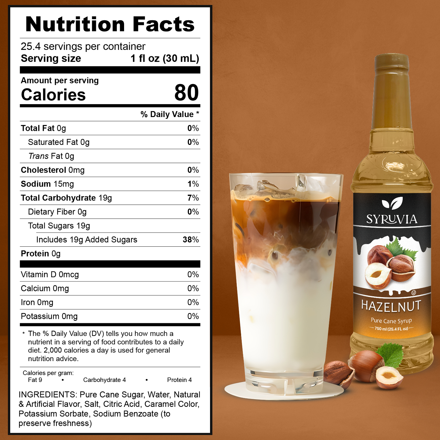 A bottle of Syrup: Hazelnut Coffee Syrup Syruvia with Pure Cane Sugar is beside a glass of iced latte, with nutrition facts displayed on the left.