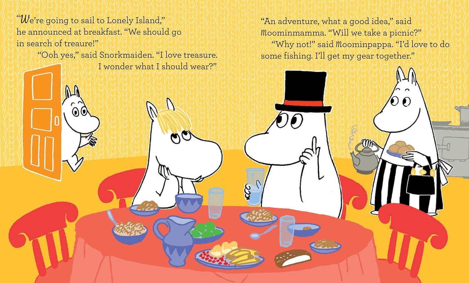 Inspired by Tove Janssons Moomin and the Moonlight Adventure, Moomin characters gather for breakfast in a yellow kitchen, chatting and planning their next adventure under the moonlight.