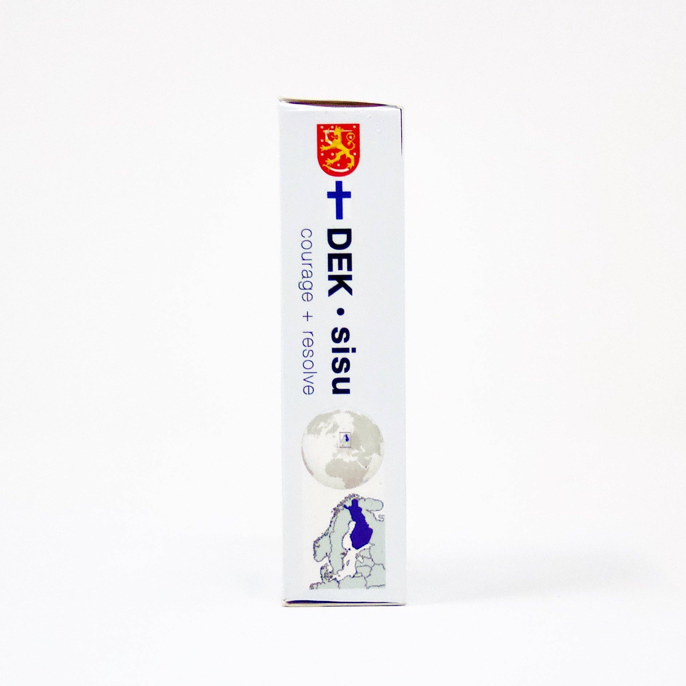 A package labeled "Playing Cards: DEK Sisu (Finland)" – embodying the Finnish spirit of courage and resolve, enhanced with resilience and determination, and adorned with a map and logo on the side.