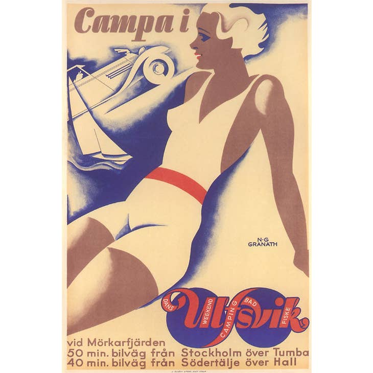 Sticker: Camping in Sweden, showcasing a vintage advertisement illustration of a woman in a white swimsuit with red accents, set against a blue and beige backdrop. Printed on high-quality, weather-resistant vinyl, it highlights the text "Campa i Nynäs Havsbad," epitomizing the Swedish camping experience.