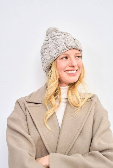 Hat: Clifden Cable Aran Hat with Pom Poms - Oat: One Size