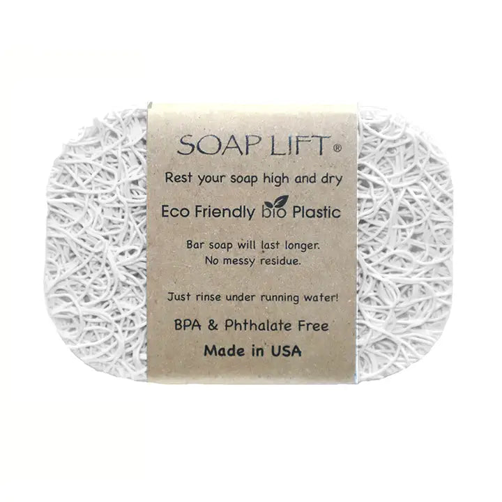 The Original Soap Lift Soap Saver is a white, rectangular, eco-friendly bio-plastic soap lift that’s BPA and phthalate-free, comes with a detailed label, and is proudly made in the USA.