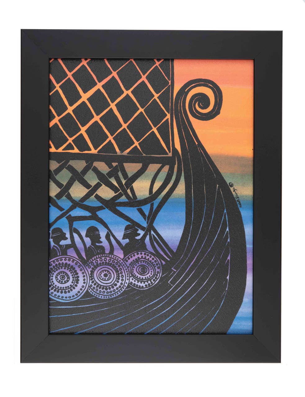 Framed 11x14 artwork titled Viking Ship by Swedish artist Heidi Lange, featuring a stylized longship with geometric patterns, four silhouettes and shields set against a gradient sunset.