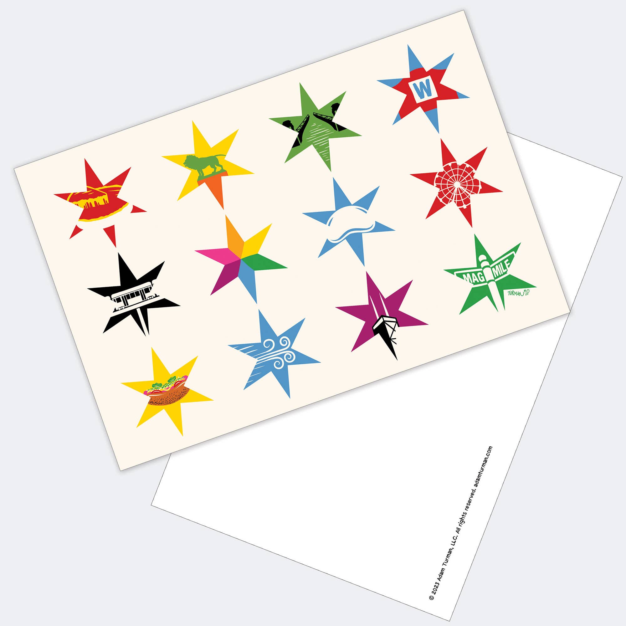 The Postcards: MN Abbey Road features twelve colored stars with unique designs in a 3x4 grid on the front; the back is blank except for small text at the bottom.