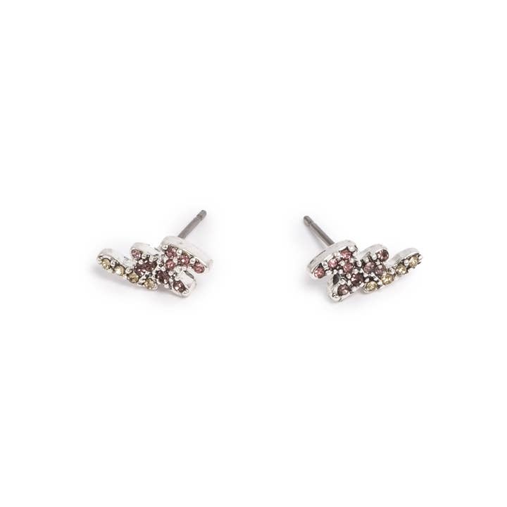 A pair of Northern Lights A&C Oslo Norway Pink & Gold earrings featuring a quality jewelry design, studded with tiny clear and dark crystals for an elegant touch.