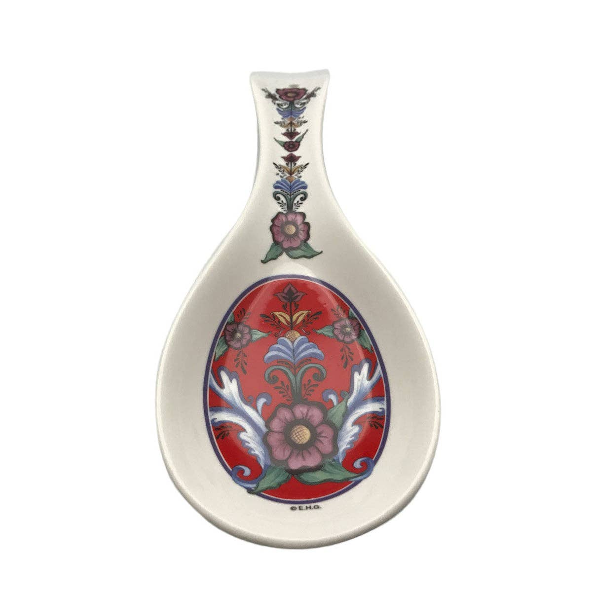The Spoon Rest: Rosemaling Red Kitchen Spoon Rest showcases intricate floral patterns, embodying Scandinavian charm and elegance in your kitchen.