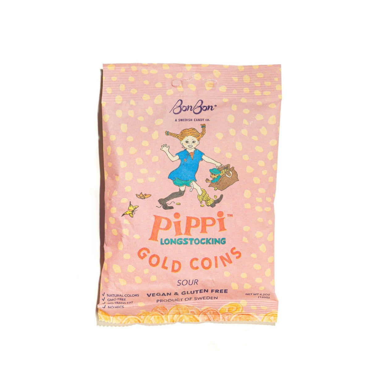 A pink bag of Pippi Longstocking Gold Coins Swedish Candy (4.2oz/120g), featuring tropical sour vegan and gluten-free coins, with Pippi Longstocking illustrated on the front.