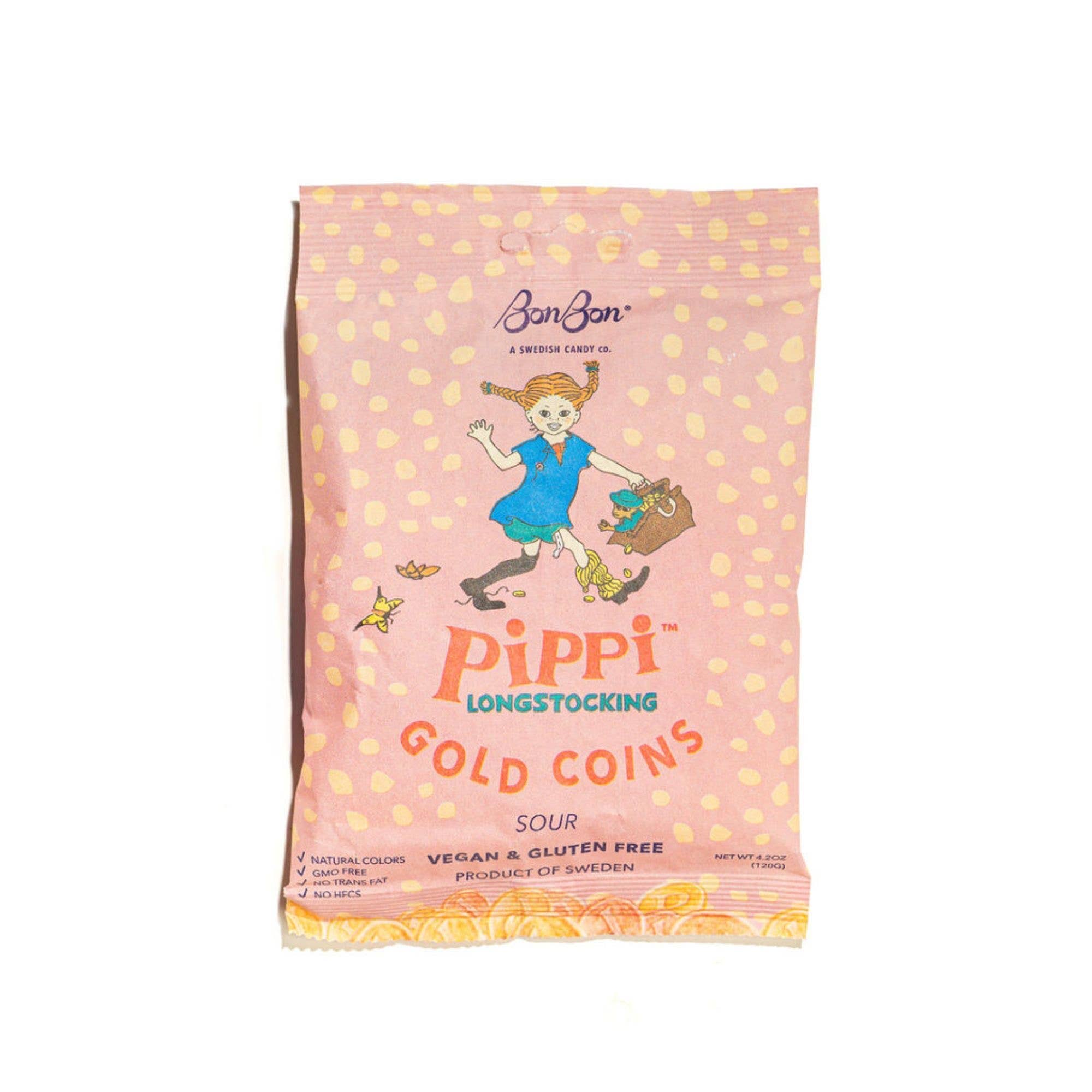 A pink bag of Pippi Longstocking Gold Coins Swedish Candy (4.2oz/120g), featuring tropical sour vegan and gluten-free coins, with Pippi Longstocking illustrated on the front.