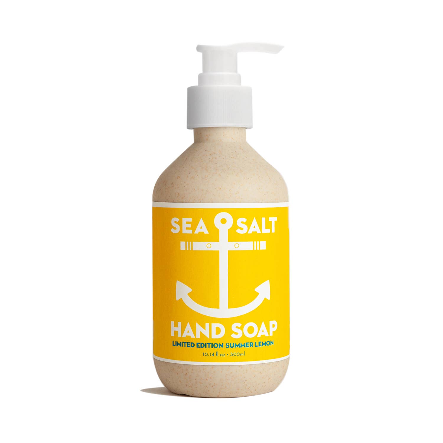 A bottle of Swedish Dream Summer Lemon Sea Salt Hand Soap, Limited Edition, with a pump dispenser and yellow anchor label.