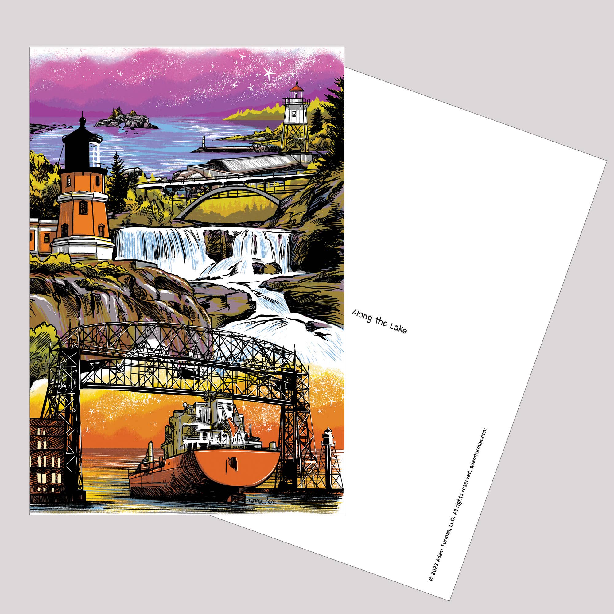 Postcards: MN Abbey Road—an illustrated Minnesota postcard with lighthouses, a bridge, a ship, waterfalls, and scenic lakeshore; ideal collectible travel art for postcard fans.