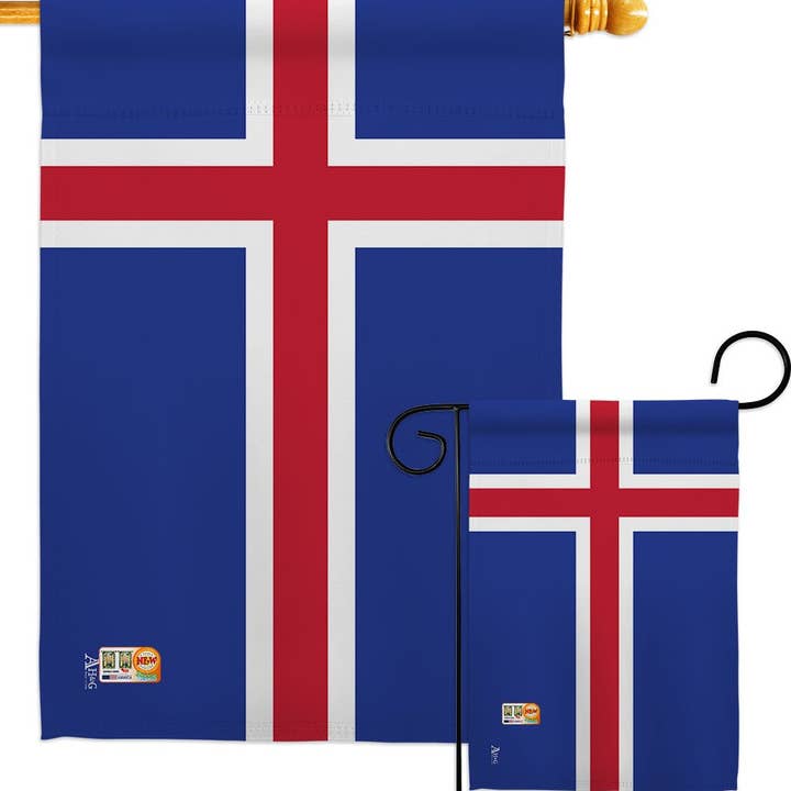 Display your Icelandic heritage with the Flag: Iceland Garden Flag - Icelandic Nationality Decor Flag, featuring two blue flags with a red cross outlined in white. Made from weather-resistant fabric for long-lasting outdoor use.