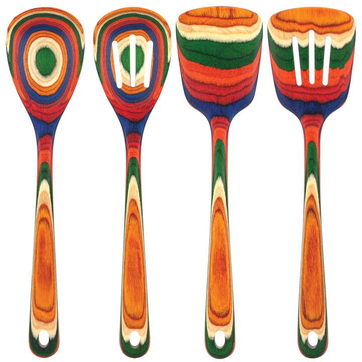 The Marrakesh 4 Pc Wooden Utensil Set from the Marrakesh Collection features birch utensils with layered orange, green, blue, and cream bands, each crafted in distinct shapes and cutouts.
