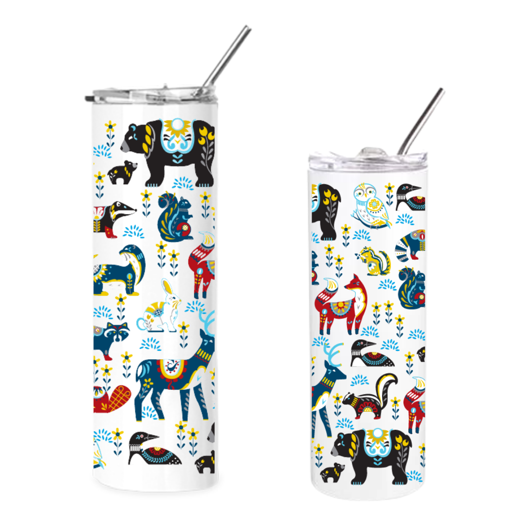 The 30 oz. Straight Insulated Tumbler features Cindy Lindgren’s vibrant Dala Animals artwork in blue, red, yellow, and black with floral patterns—includes a stainless steel straw.