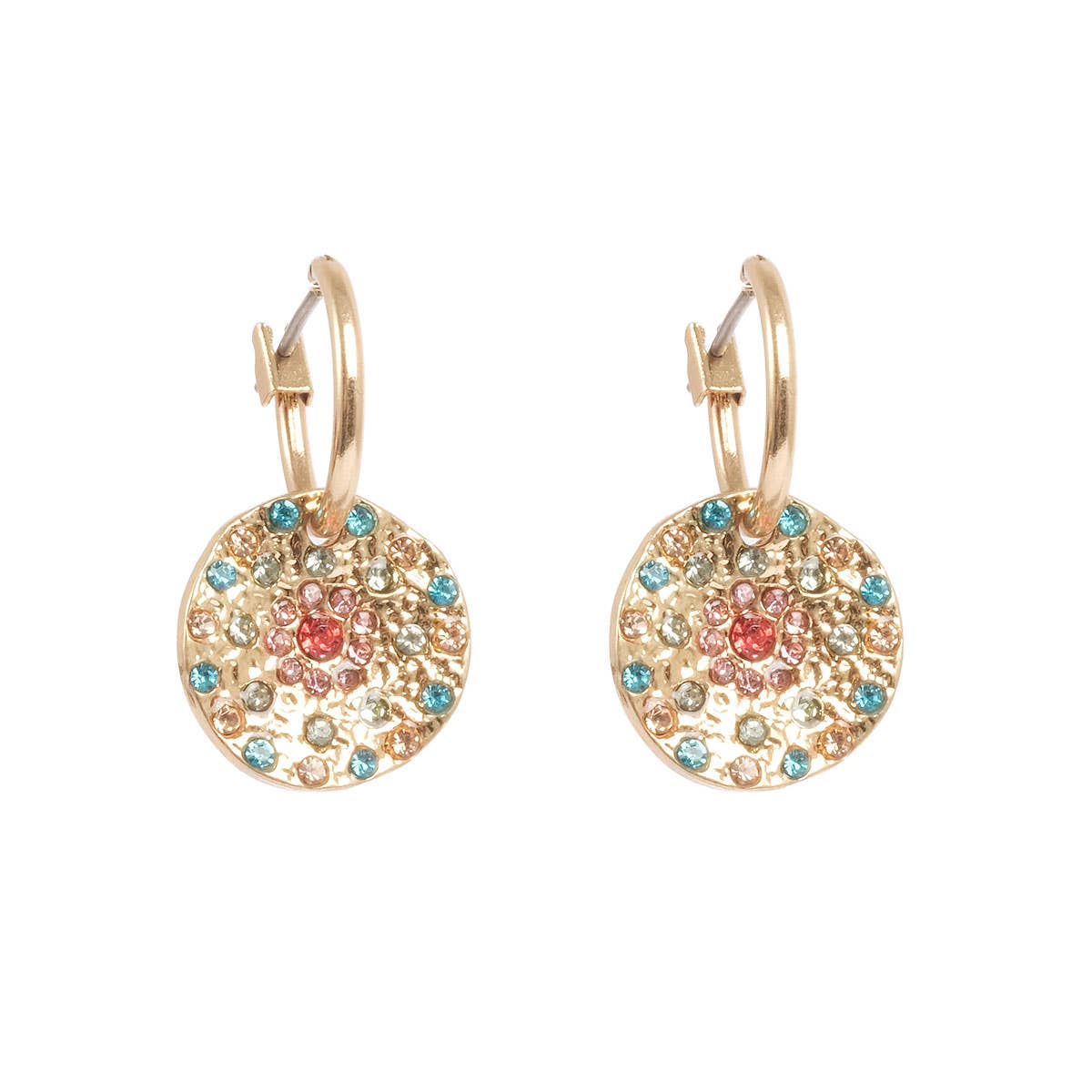 Earrings: A&C Oslo Vibrance Gold Coin Earrings feature round, textured gold-toned layered pendants with small blue, turquoise, and pink gemstones in a circular pattern for a vibrant, colorful look.