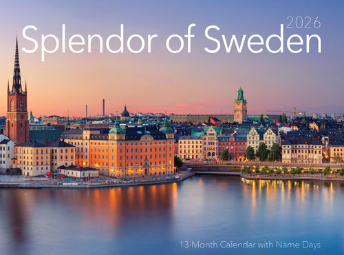 A sunset cityscape of Stockholm, Sweden with historic waterfront buildings and “Calendar: Splendor of Sweden Calendar 2026” text—ideal as a cover for your Swedish wall calendar or Sweden calendar 2026.