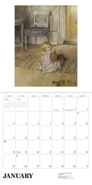 January page from Calendar: Carl Larsson 2026 features Swedish art of a young child with a doll, beside chair and rug in a softly lit room—showcasing the classic charm of Carl Larssons style.