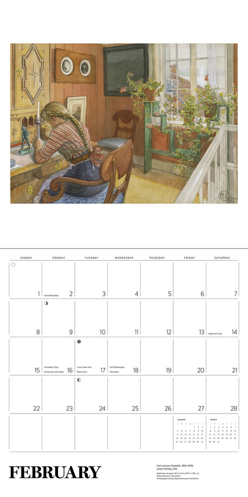 A February page from the Calendar: Carl Larsson 2026 wall calendar displays Swedish art—a person at a desk near a window with potted plants—while the 2026 dates appear beneath this charming illustration.
