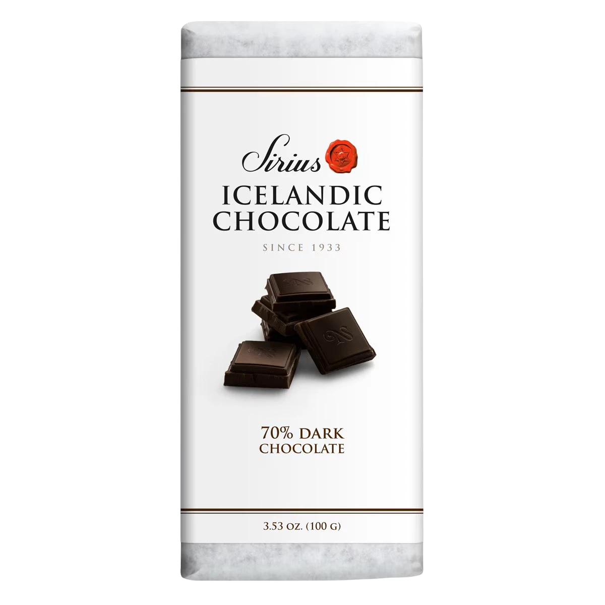Icelandic chocolate bar on a white wrapper, labeled 70% dark chocolate, 3.53 oz (100 g), with Nordic language text and image of chocolate pieces.