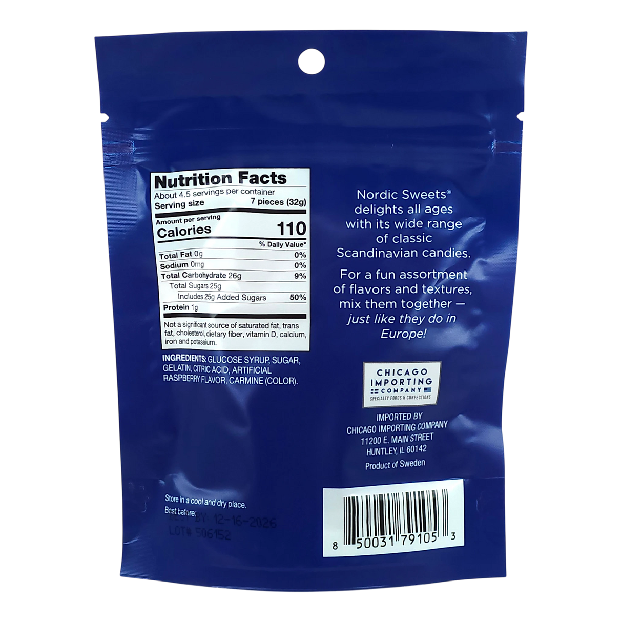 Back of a blue bag with visible nutrition facts, ingredients list, company details, and images representing assorted Swedish gummy candy from Nordic Sweets.