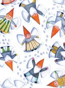 This delightful pattern of cartoon gnomes making snow angels, dressed in both striped and solid outfits, is set against a picturesque snow-covered background. Perfect for the Card Pack: Gnome Notes by Kirsten Sevig, it's ideal for jotting down ideas or sketching with your travel watercolor set on recycled paper.