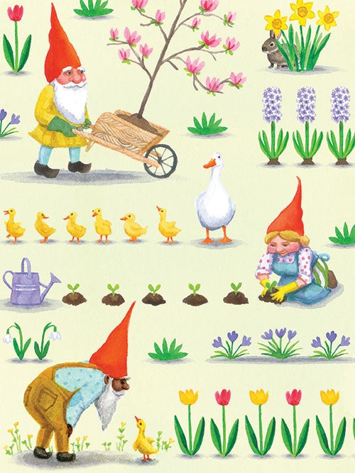 Colorful garden scene with gnomes, a duck and ducklings, a rabbit, flowers, and watering can, inspired by Kirsten Sevig’s Springtime Gnome Notes. Card Pack: 8 blank cards (4 designs) with envelopes on recycled paper.