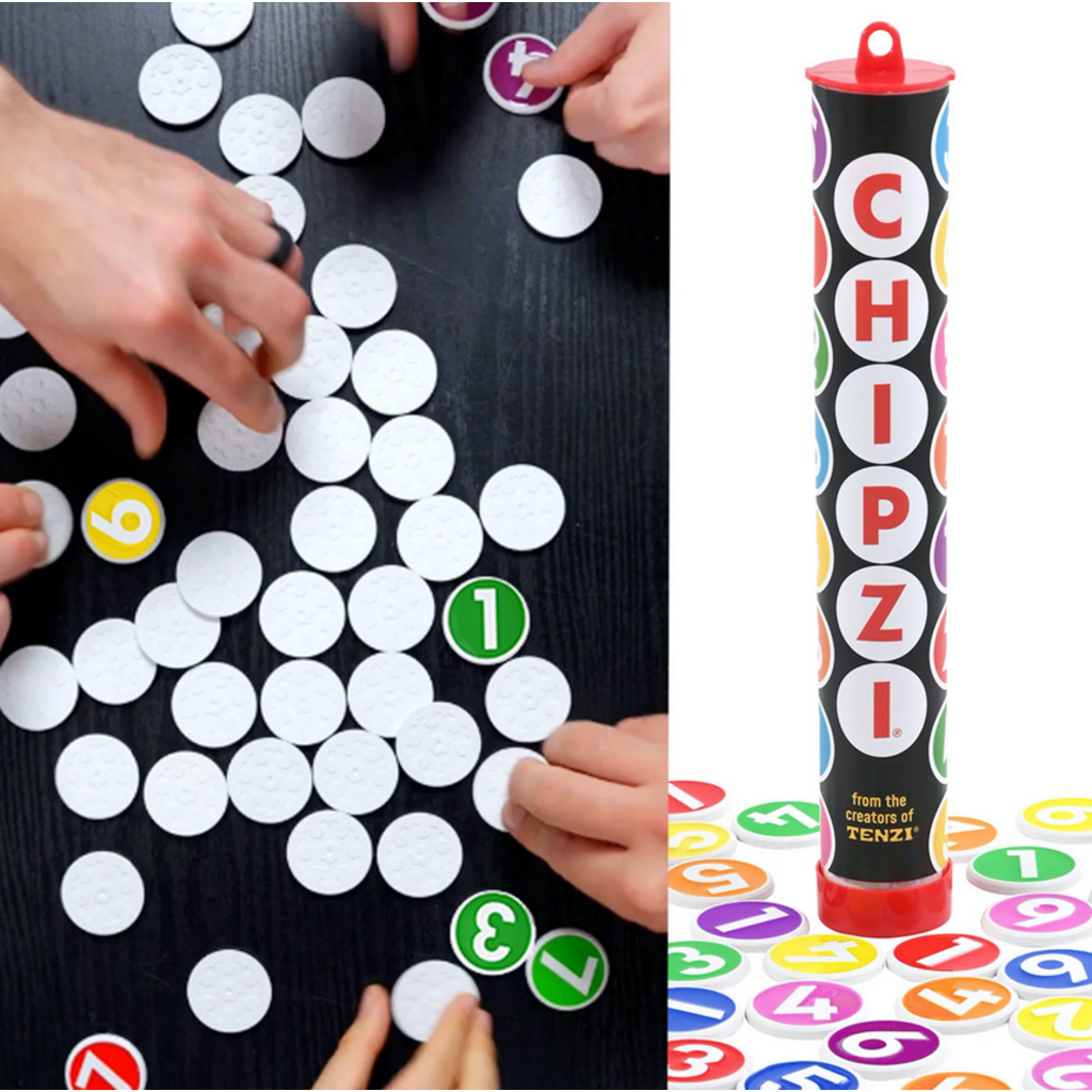 Four hands sort numbered white chips on a black table. Next to them sits a tall, cylindrical Game: Chipzi - Fast Flippin' Fun! container from Tenzi - Carma Games LLC, showcasing vibrant numbers and the word “CHIPZI” displayed vertically—a perfect setup for this fast family game featuring 49 chips numbered 1-7 in seven colors.